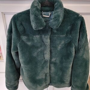 JouJou Faux Fur Plush Jacket Coat Emerald Green Snap Front Vintage Y2K Jr Sz XL